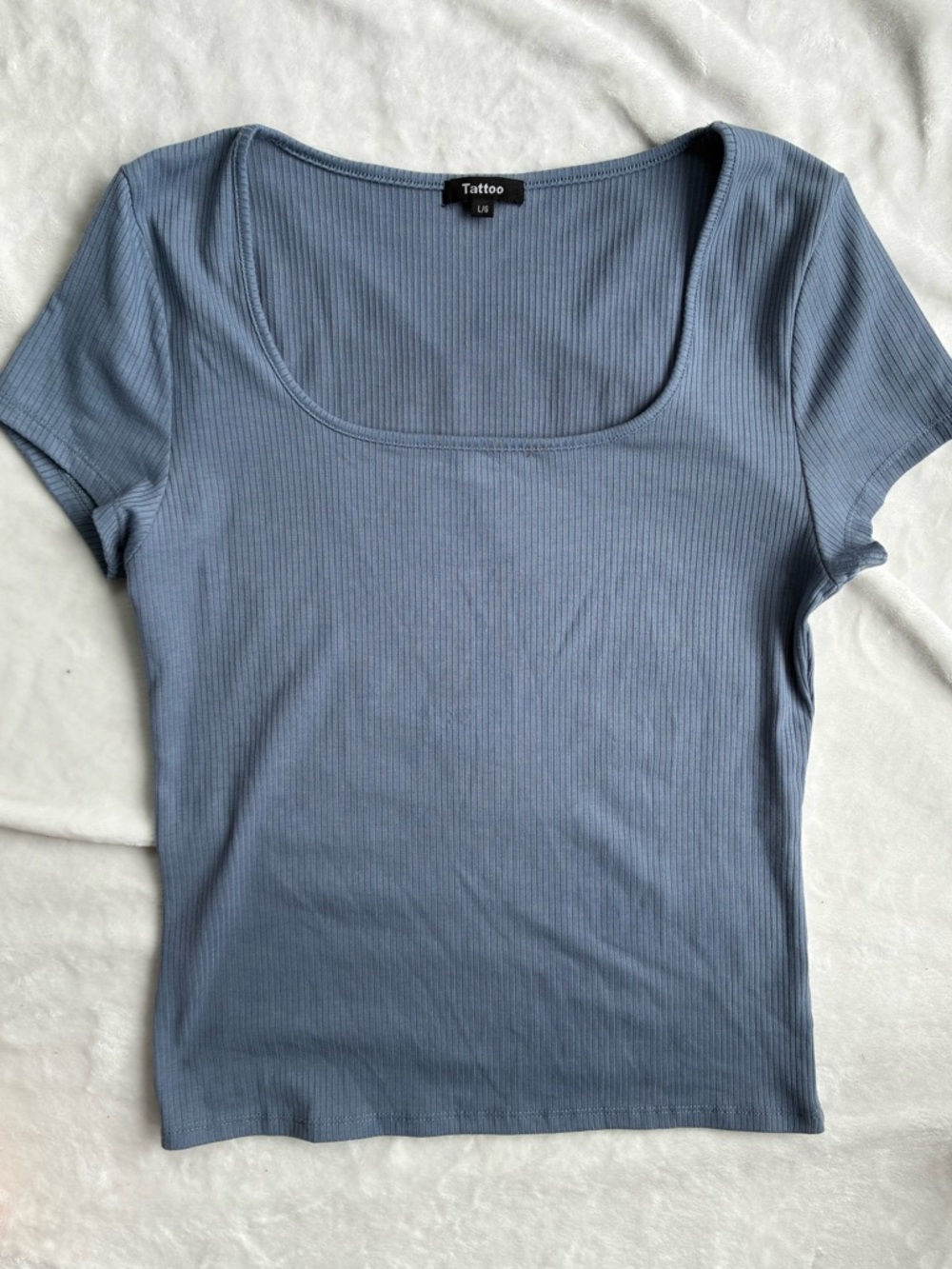 Tattoo Ribbed Square Neck Top Blue | Size Large | Dusty Blue
